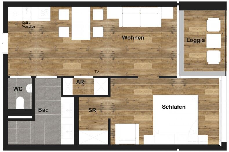 Unser Apartment Standard hat zwei Räume und ein Badezimmer.