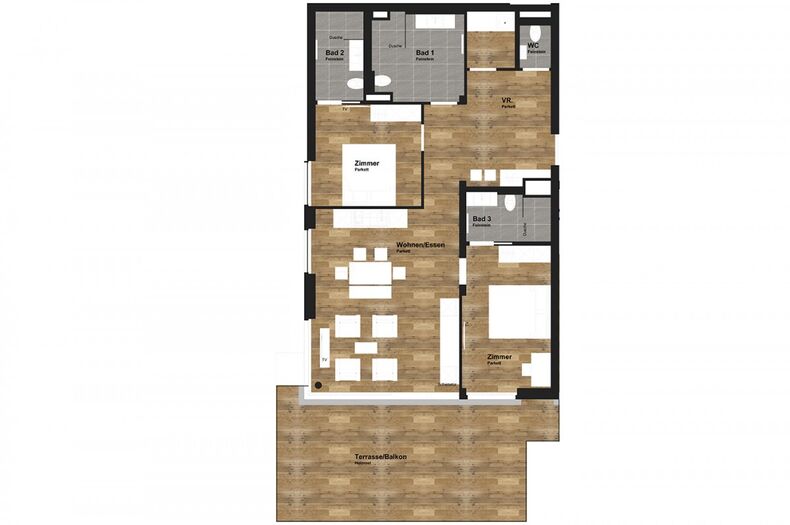 Unser Apartment Deluxe mit 3 Räumen bietet 2 Schlafzimmer, 1 Wohnschlafzimmer und 2 Badezimmer.